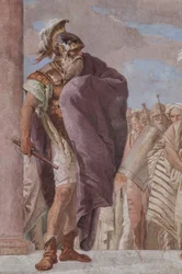 Palazzina (edificio pequeño): vista de la primera sala y sus frescos que representan episodios de la Ilíada: "Atenea impide que Aquiles saque su espada contra Agamenón", detalle del rey Agamenón