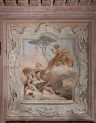 Palazzina (Pequeño Edificio): vista de la cuarta sala o de Torquato Tasso, con freescoes que representan episodios de "Jerusalén Liberada": "La bruja Armida ve a Rinaldo, que está dormido, y se enamora de él"