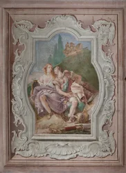 Palazzina (Pequeño Edificio): vista de la cuarta sala o de Torquato Tasso, con freescoes que representan episodios de "Jerusalén Entregada": "Rinaldo y Armida en el jardín encantado, observados secretamente por Ubaldo y Carlo"
