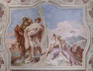 Palazzina (Pequeño Edificio): vista de la cuarta sala o de Torquato Tasso, con freescoes que representan episodios de "Jerusalén entregada": "Rinaldo, escoltado por Ubaldo y Carlo, abandona a Armida"