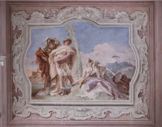 Palazzina (Pequeño Edificio): vista de la cuarta sala o de Torquato Tasso, con freescoes que representan episodios de "Jerusalén entregada": "Rinaldo, escoltado por Ubaldo y Carlo, abandona a Armida"