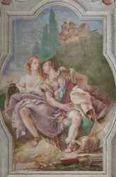 Palazzina (Pequeño Edificio): vista de la cuarta sala o de Torquato Tasso, con freescoes que representan episodios de "Jerusalén Entregada": "Rinaldo y Armida en el jardín encantado, observados secretamente por Ubaldo y Carlo"