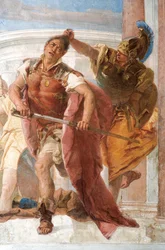 Detalle de Minerva impidiendo que Aquiles mate a Agamenón, de la Sala de la Ilíada en la Palazzina
