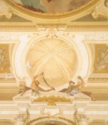 Detalle de frescos en el techo del salón de baile, Villa Pisani, Stra, Venecia