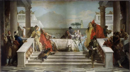 Fiesta de Cleopatra. La reina egipcia (69-30 a. C.) probablemente esté representada con el político y general romano Marco Antonio (Marco Antonio, 83-30 a. C.). (Fiesta de Cleopatra). Pintura de Giambattista Tiepolo (1696-1770). Óleo sobre t