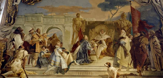 La investidura del obispo Aroldo por Federico I de Hohenstaufen, conocido como Federico Barbarroja, rey de Alemania y emperador germánico. Fresco de Giovanni Battista Tiepolo, siglo XVIII, Palacio de Wurzburgo, Alemania