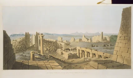 Vista general de las ruinas del Gran Templo de Karnak, descubierto por G. Belzoni, de Placas Ilustrativas de las Investigaciones en Egipto y Nubia, grabado por Charles Hullmandel (1789-1850) 1820