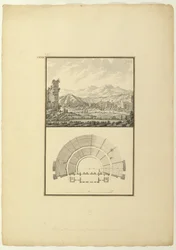 Vista y plano del teatro de Hierápolis (ahora Pamukkale), c.1750