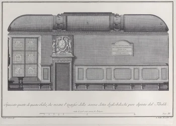 Placa 4: sección transversal del Salón del Instituto de Bolonia, con la entrada a la r..., 1756