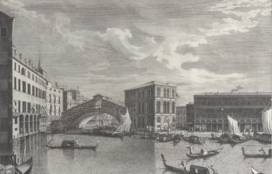 El Puente de Rialto, Venecia, con barcos y góndolas en el agua, 1763