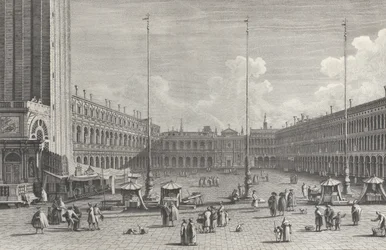Vista de la Piazza San Marco, con la iglesia de San Geminiano al fondo, y figuras, 1763