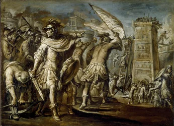 Primera cruzada: "El condottiero genovés Guglielmo Embriaco durante la captura de Jerusalén" Es el origen de una torre de asalto hecha con maderas de barcos genoveses. Pintura monocromática de Giovanni Battista Carlone