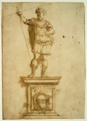 Estatua de guerrero de pie sobre un pedestal