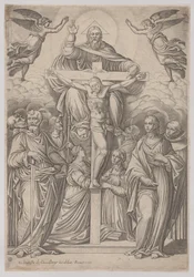 La Trinidad, con la crucifixión en el centro y santos a ambos lados, 1586