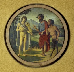 Cubierta de instrumento de teclado con ilustración que representa a Apolo (con lira) y Marsias