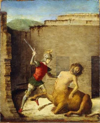 Thesee terrassant le Minotaure (centaure) - Teseo matando al Minotauro - Cima da Conegliano, Giovanni Battista (ca. 1459-1517) - 1505 - Óleo sobre madera - 87,4x73,5 - Museo Poldi Pezzoli, Milán