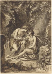 Angélica y Medoro (pluma y tinta negra con aguada marrón y gris sobre grafito sobre papel verjurado; verso, diseño de cuatro círculos concéntricos que rodean una corona de laurel dibujado en el verso con pluma y tinta negra y grafito).