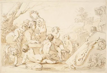 Putti jugando coronando una esfinge