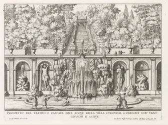 Cascade en Teatro delle Acque in de tuinen van de Villa Torlonia te Frascati Perspectiva del teatro y cascada de la Villa Ludovisia (...) (título sobre objeto) Fuentes de las villas de Frascati (título de la serie) Fonteinen van Frascati (título de la seri