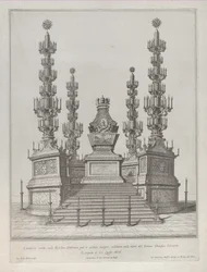 Catafalco para el Papa Clemente X: una estructura central elevada sobre una plataforma de 15 escalones, 1676