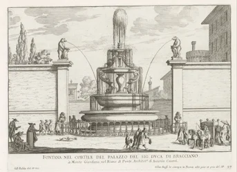Fontein in de binnenplaats van Palazzo Taverna te Rome Fuente en el patio del Sr. duque de Bracciano (título sobre objeto) Fuentes de Roma (título de la serie) Fonteinen van Rome (título de la serie)