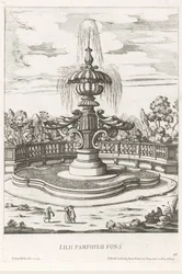 Fuente en los jardines de Villa Doria Pamphilj en Roma Lilii Pamphylii fons (título sobre el objeto) Le fontane ne palazzi e ne giardini di Roma (título de la serie) Fuentes en los Palacios y Jardines de Roma (título de la serie)