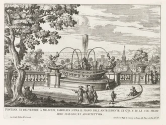 Fontein in de tuinen van de Villa Aldobrandini te Frascati Fuente Belvedere en Frascati, construida sobre el nivel del antecedente de este lado (...) (título sobre objeto) Fuentes de las villas de Frascati (título de la serie) Fonteinen van Frascati (títul
