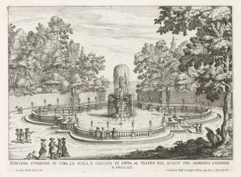 Fontein in de tuinen van de Villa Torlonia te Frascati Fuente superior en lo alto de la escalera y cascada sobre el teatro (...) (título sobre objeto) Fuentes de las villas de Frascati (título de la serie) Fonteinen van Frascati (título de la serie)