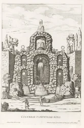 Fuente con palomas en los jardines de Villa Doria Pamphilj en Roma Columbae Pamphyliae fons (título del objeto) Le fontane ne palazzi e ne giardini di Roma (título de la serie) Fuentes en los Palacios y Jardines de Roma (título de la serie)