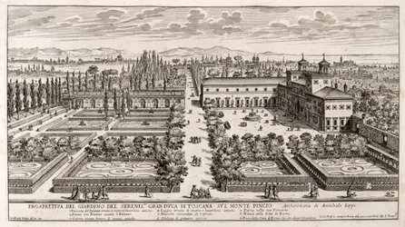 Perspectiva de los jardines de Villa Médicis en Roma, grabado de Li Giardni (Los jardines) de Giovanni Battista Falda (1640 o 1643-1678)