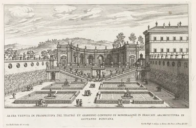 Tuinen van de Villa Mondragone te Frascati Otra vista en perspectiva del teatro y el jardín contiguo (...) (título sobre el objeto) Fuentes de las villas de Frascati (título de la serie) Fonteinen van Frascati (título de la serie)