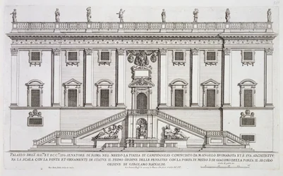 Vista de la fachada del Palazzo Senatorio en la Piazza del Campidoglio, Roma, iniciada por Miguel Ángel Buonarroti (1475-1564) y terminada por Girolamo Rainaldi (1570-1655)