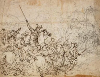 Escena de batalla con elefantes y orientales