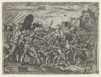 El ejército de Rómulo en batalla con los sabinos Romulus pro recuperando (...) in hostem vertit (título sobre objeto) Vidas de Rómulo y Remo (título de la serie)