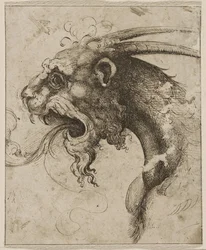 Cabeza de quimera par Franco (llamada Semolei) (pluma, tinta china marrón sobre papel)