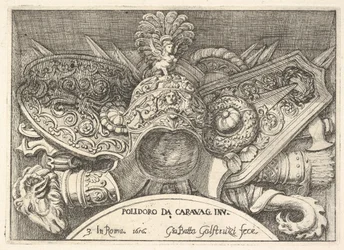 Placa 3: trofeos de armas romanas de decoraciones sobre las ventanas en el segundo piso, 1656