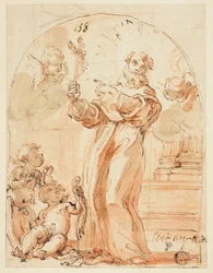 Santo franciscano de pie sosteniendo un crucifijo
