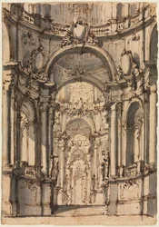 Diseño para un escenario: Interior de un palacio con arcadas, mediados de 1700