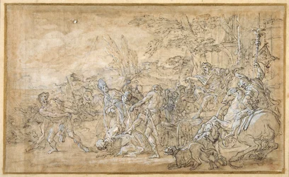 Cautivos, incluyendo un obispo, arrastrados y atados ante el carro triunfal de un general romano