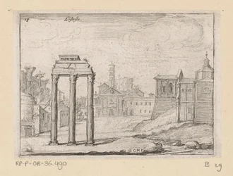 Vista del Foro Romano en Roma Listesso (título sobre objeto) Vistas de Roma (título de la serie) Alcune vedute et prospettive di luoghi dishabitati di Roma (título de la serie)