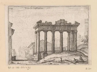 Restos del Templo de Saturno en el Foro Romano en Roma Verto la Consolatione (título sobre objeto) Vistas de Roma (título de la serie) Alcune vedute et prospettive di luoghi dishabitati di Roma (título de la serie)