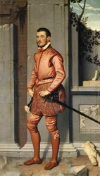 Retrato de Gian Gerolamo Grumelli, Caballero de rosa, de Giovanni Battista Moroni (hacia 1525-1578), óleo sobre lienzo, 216x123 cm