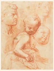Dibujo, Estudio de cabezas de hombre, mujer y niño, niño sentado, ca. 1570