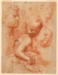 Dibujo, Estudio de cabezas de hombre, mujer y niño, niño sentado, ca. 1570