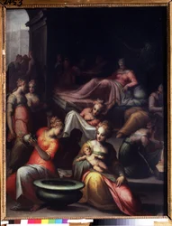 El nacimiento de San Juan Bautista (La Natividad de Juan Bautista). Pintura de Giovanni Battista Naldini (1537-1591). Óleo sobre tela. Sol: 89x74cm. Arte manierismo florentino. Museo Pushkin, Moscú.
