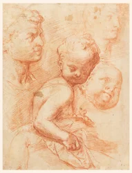 Estudio de cabezas de hombre, mujer y niño, niño sentado