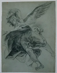 Un ángel volador recto, estudios de manos tocando instrumentos verso, 1723-1727
