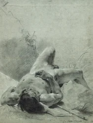 Un joven desnudo tumbado de espaldas, sobre un banco, acostado sobre un estándar