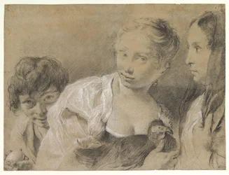 Niño con un huevo, niña con una gallina y una mujer observando