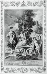 Carlo y Ubaldo en Islas Felices, grabado, por Giovanni Battista Piazzetta (1683-1754) para el Canto XV de Jerusalén Liberada, por Torquato Tasso (1544-1595), edición de Giovanni Battista Albrizzi, Venecia, Italia